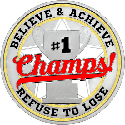 Red "Champs!" with Gold Outer Circular Borders